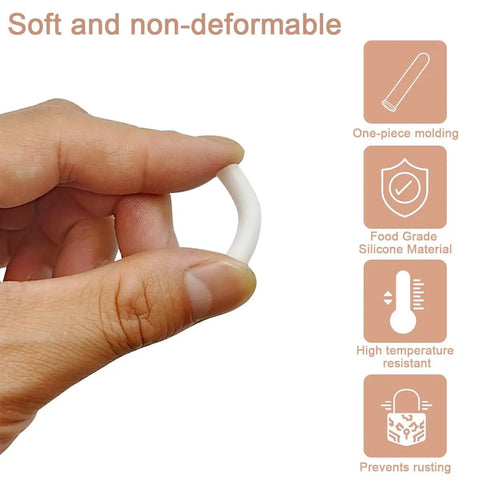 Hand holding 100 Pcs Universal Silicone Dishwasher Rack Tine End Caps Round Tip Caps, showing softness and durability icons