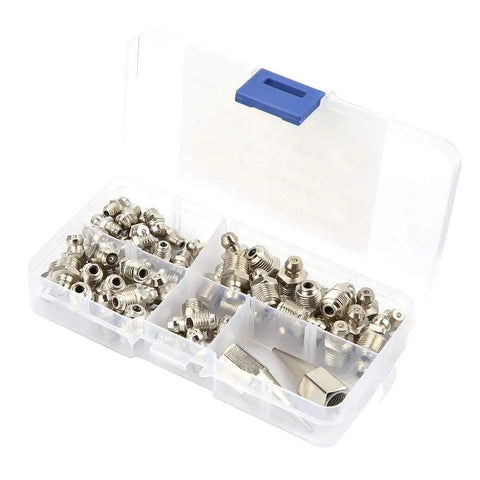 Grease Fittings Kit With 60 Metal Zerks For Spokes And Spoke Nipples in plastic case, assorted straight, 90° and 45° angles visible