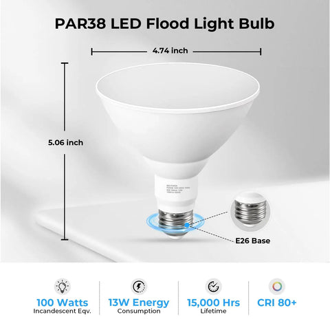 Rock Solid Par38 Led Flood Light Bulbs, 100 Watt Equivalent Killer Brightness 5k Daylight White, No Hassle Dimmable Waterproof For Porches And Garages, E26 Base 13W Heavy Duty 6 Pack
