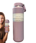 Insulated Leakproof Stainless Steel Water Bottle 24 Oz Vacuum Hydration Flask held by person, pink color, 710ml size
