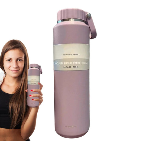 Insulated Leakproof Stainless Steel Water Bottle 24 Oz Vacuum Hydration Flask held by person, pink color, 710ml size