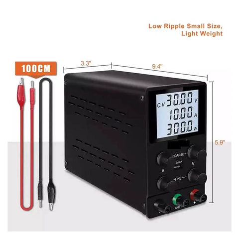 USB DC Lab Power Supply 0 to 60V 0 to 10A Adjustable Bench Source With Slick LCD Display Stabilized Switching Regulator Low Ripple Short Circuit Protection High Precision Voltage And Current Compact DIY Electronics Bench Tool, black metal case with leads