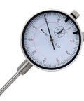 Front view of dial indicator gauge with metal stem and white dial, 0-1.0 inch range, 0.001 inch precision