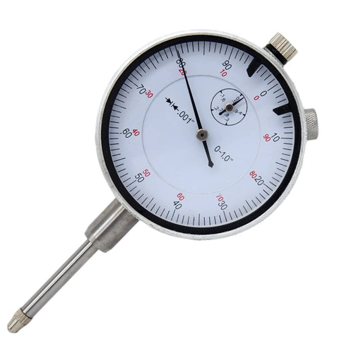 Front view of dial indicator gauge with metal stem and white dial, 0-1.0 inch range, 0.001 inch precision