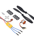 A2212 1400KV Brushless RC Drone Motor with 30A ESC components, propeller, and connectors for quadcopter drive