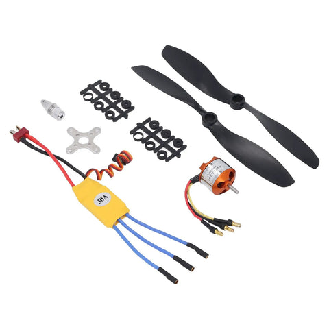 A2212 1400KV Brushless RC Drone Motor with 30A ESC components, propeller, and connectors for quadcopter drive