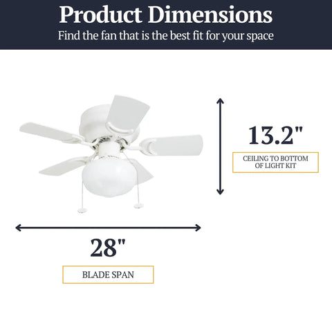 28 Inch Traditional Flush Mount Indoor LED Ceiling Fan With Light, Pull Chain, Dual Finish Blades White On White Oak, Reversible Motor