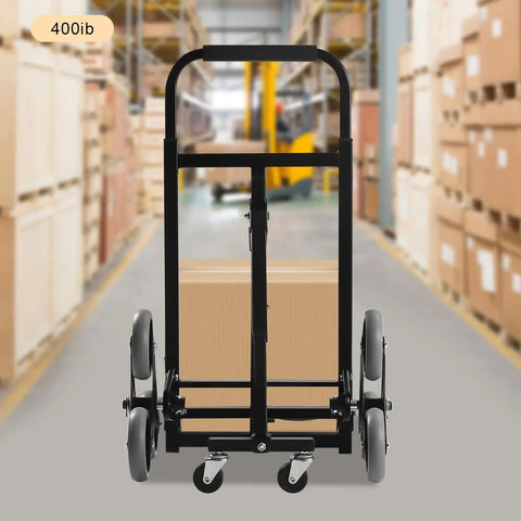 Beefy 400lbs Foldable Hand Truck Dolly, Steel Heavy Duty Folding Cart for Moving Furniture and Boxes, Three Wheel Design For Flat Ground Or Stairs, Spray Coated Black Finish, Durable, Portable Cargo Helper front view loaded with box in warehouse