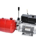 Compact Electric Hydraulic Power Unit Assembly For Heavy Duty Lifting Systems With Single Double Acting Capability, shown in red and silver.