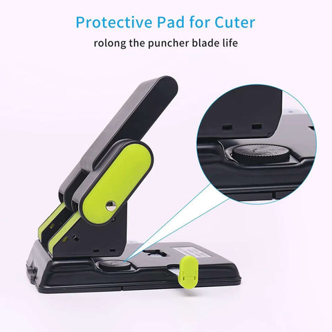 2 Hole Paper Punch With Adjustable 70Mm Or 80Mm Spacing And 6Mm Hole, close-up of side view showing protective pad feature.