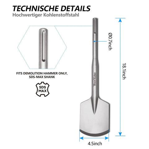 Image showing SDS Max Clay Spade Chisel Bit 4.5 Inch By 18 Inch Steel Shovel Bit for Rotary Hammer construction use.