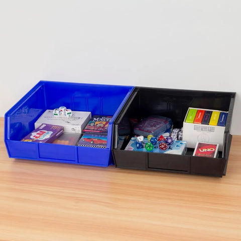 Grab And Go Space Saving Stackable Storage Bins 11 By 11 By 5 Inch Black Six Pack For Garage Pantry Craft Room Organization Holds Up To 50 Pounds Durable Plastic Bins Great For Snacks Tools Toys And More, black and blue bins with storage items