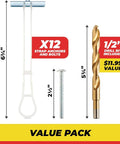 One Quarter Inch Twenty Toggle Anchors With Bolts For Hollow Walls Heavy Duty Winged Anchors Adjustable Up To Two And A Half Inches Thick Holds Up To 1080 Lbs Includes Heavy Duty Drill Bit Pack Of 12 shown with measurements and drill bit.