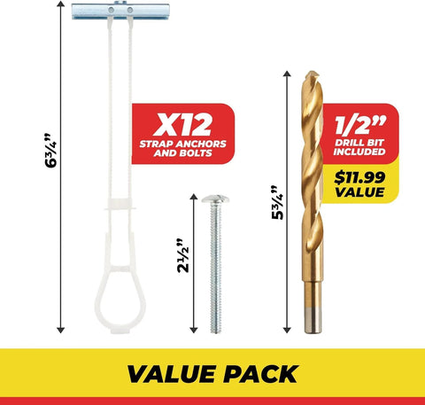 One Quarter Inch Twenty Toggle Anchors With Bolts For Hollow Walls Heavy Duty Winged Anchors Adjustable Up To Two And A Half Inches Thick Holds Up To 1080 Lbs Includes Heavy Duty Drill Bit Pack Of 12 shown with measurements and drill bit.