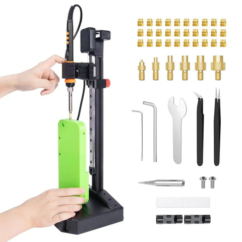 Vertical Heat Set Insert Tool Press with 90W Soldering Iron, M2 M8 Tips, 30 Brass Nuts, Pro Grade Inline Linear Guide