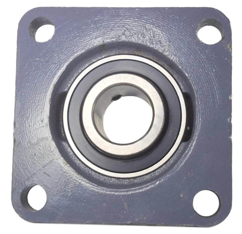 Front view of One And One Quarter Inch Bore Four Bolt Flange Bearing With Two Set Screws F4B SC 104 UCF207 20 Cast Iron Housing Grease Zerk