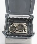 Knockout Precision Digital Density Meter That Slacks On Setup But Delivers Heavy Duty Gravimeter Results For Rubber Solid Granules And Thin Films With Zero Sweat Auto Calibration, open lid showing testing compartment.