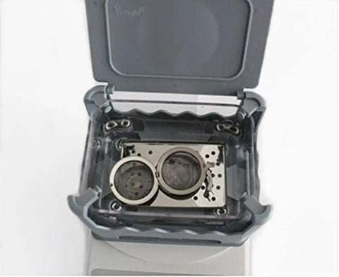 Knockout Precision Digital Density Meter That Slacks On Setup But Delivers Heavy Duty Gravimeter Results For Rubber Solid Granules And Thin Films With Zero Sweat Auto Calibration, open lid showing testing compartment.