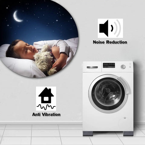 Child sleeping peacefully with noise reduction and anti vibration symbols next to a washing machine using Anti Vibration Pads For Washing Machines And Dryers, Non Slip Foot Pads With Shock Absorbing And Noise Reducing Mat, No More Dancing Washers, Stabilize Your Washer Or Dryer, Protect Pedestals, Set Of 4 Heavy Duty Rubber Cushions.