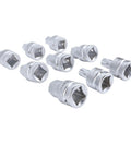 Pro Shop Grade Three Quarter Inch Drive Impact Hex Driver Socket Set Built Like A Beast With Chrome Moly Steel Includes Nine Pieces 14mm To 24mm Plus M16 M18 Spline Bits For Rig Ready Truck Hub Axle Service, silver hex driver sockets arranged.