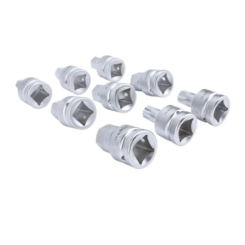 Pro Shop Grade Three Quarter Inch Drive Impact Hex Driver Socket Set Built Like A Beast With Chrome Moly Steel Includes Nine Pieces 14mm To 24mm Plus M16 M18 Spline Bits For Rig Ready Truck Hub Axle Service, silver hex driver sockets arranged.