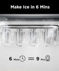 Countertop ice maker front view with five bullet-shaped clear ice cubes under a chrome dispensing bar.