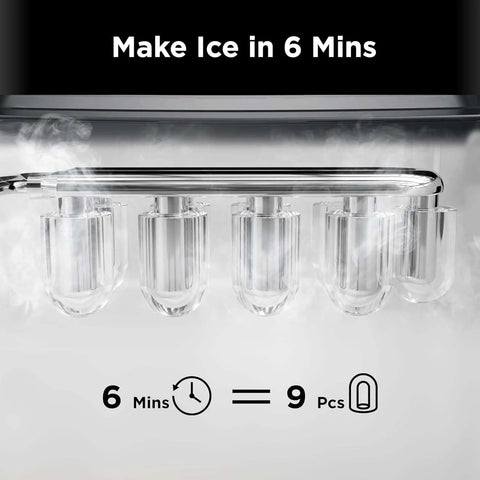 Countertop ice maker front view with five bullet-shaped clear ice cubes under a chrome dispensing bar.