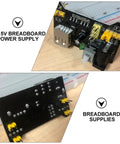 Six Pack DC Breadboard Power Supply Module 6.5 to 12V Input, Stable 3.3V and 5V Outputs, Portable and Plug and Play, Easy to Install, Fits MB102 Breadboard for Makers, Classrooms, Labs, and Industry Projects, black PCB