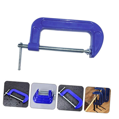 Blue Beefy Heavy Duty 6-Inch G Clamps for Woodworking and Metalworking with quick-release, durable steel construction, side view.