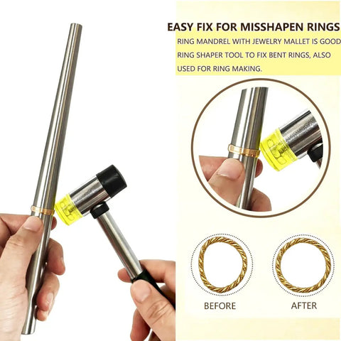 Pro Grade Ring Sizing Kit With Metal Ring Mandrel And Jewelry Mallet For Easy Ring Sizing, Bent Ring Fixer, Reshaper Tool.