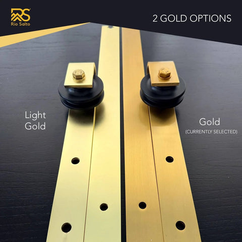 Gold Sliding Barn Door Hardware Kit With 72 Inch Track, Brushed Brass Finish, Aluminum Rail, color comparison of light gold and gold