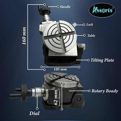 Tilting Rotary Table 3 Inch For Milling Machines With Dual Axis 0 To 90 Degrees And 4 Slot Base side view dimensions labeled