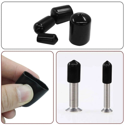 Durable Round Rubber End Caps Set For Bolt Threads Quarter Inch To Three Quarter Inch, shown in assorted sizes and applied on bolts.