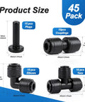 45 Pack Quick Connect Drip Irrigation Fittings Kit For 1/4 Inch Tubing shown with couplers, tees, elbows, and end plugs.