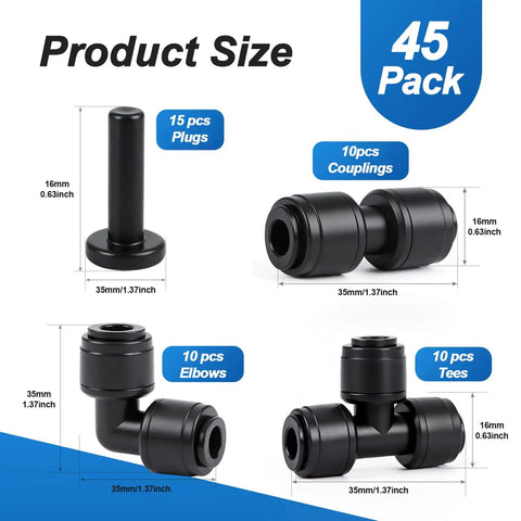 45 Pack Quick Connect Drip Irrigation Fittings Kit For 1/4 Inch Tubing shown with couplers, tees, elbows, and end plugs.