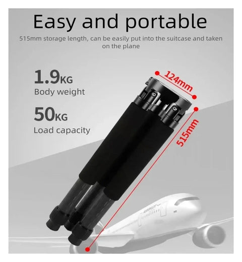 Carbon Fiber Equatorial Telescope Mount Stand For Planetary Imaging folded tripod shown with dimensions and plane illustration