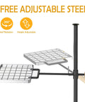 Four Prong Campfire Grill Grate With Swivel Handle For Heavy Duty Fire Pit Cooking And Outdoor BBQ Rock Solid Ground Anchoring And Steel Construction For Camping And Backyard Grilling Black showcasing 360-degree swivel and adjustable height features.
