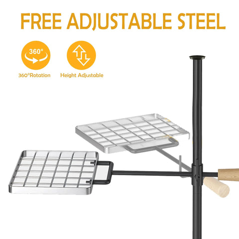 Four Prong Campfire Grill Grate With Swivel Handle For Heavy Duty Fire Pit Cooking And Outdoor BBQ Rock Solid Ground Anchoring And Steel Construction For Camping And Backyard Grilling Black showcasing 360-degree swivel and adjustable height features.