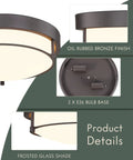 Close-up of 12 Inch Flush Mount Ceiling Light, 2 Light Close-To-Ceiling Fixture in Oil Rubbed Bronze Finish with Frosted Glass