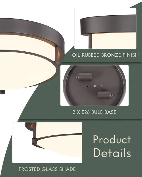 Close-up of 12 Inch Flush Mount Ceiling Light, 2 Light Close-To-Ceiling Fixture in Oil Rubbed Bronze Finish with Frosted Glass