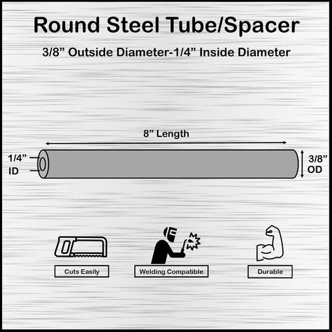 Front view of round steel tube spacer; 3/8 in outer diameter, 1/4 in inner diameter, 8 in length, 2-pack