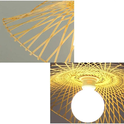 Close-up of Handcrafted Rattan Pendant Light Industrial Farmhouse Ceiling Lamp showing braided shade and bulb fitting.