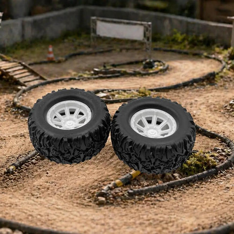 4 Pack RC Car Wheel Set With Rubber Tires And Metal Shaft Axles for Remote Control Cars Trucks and Robots outdoor track view