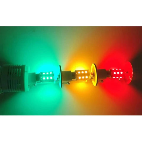 Green, yellow, and red LED emergency warning lights glowing, showcasing 24V LED Emergency Warning Light Patch Type Green functionality.
