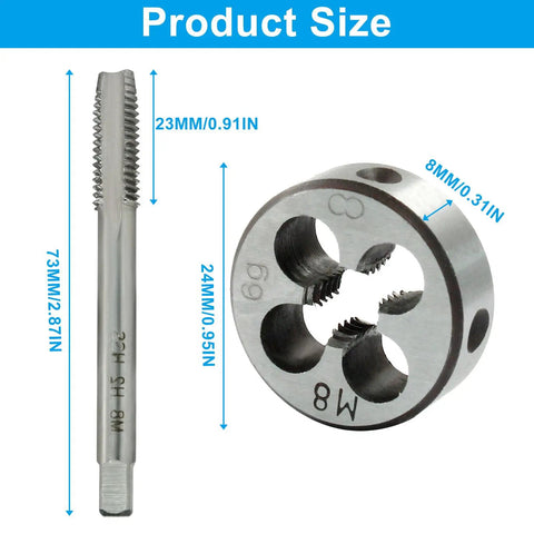 M8 X 1.25 Tap And Die Set For Metric Threads, Right-Hand Tap And Round Die, HSS6542 High-Speed Steel, size details shown