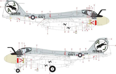 1/48 A-6E Intruder Decal Sheet The Final Countdown Gray For Scale Model Aircraft Builders, Premium Paper Decals With Weathered Markings And Realistic Detailing showing top and side views.