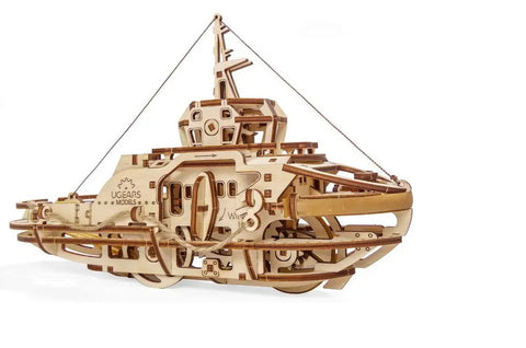 Wooden Mechanical Tugboat 3D Puzzle Model Construction Set With Gear Driven Motion Buildable Nautical Toy, side view