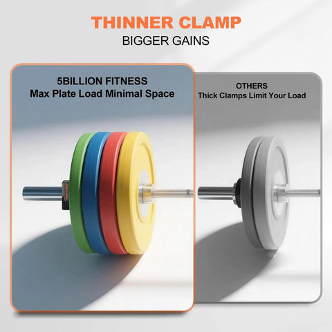Comparison of 5Billion Fitness slim barbell clamp holding colorful weights vs standard thick clamp with limited load.