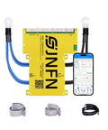 Rock Solid Smart BMS For 21S To 30S Battery Packs showing unit with Bluetooth control and accessories for energy management.