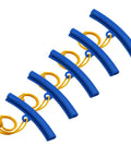Five blue universal 5 piece car tire mounting guards with yellow ropes for protecting rim edges during tire swaps.